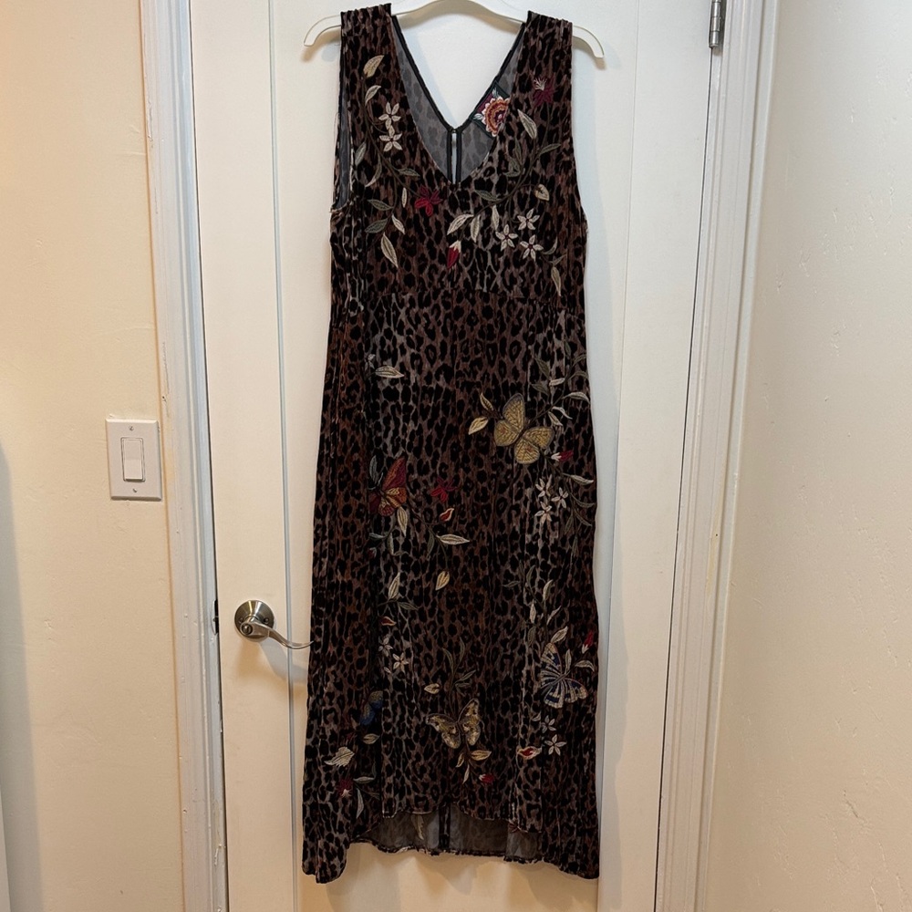 Johnny Was Brown Leopard Maxi Dress with Floral Embroidery